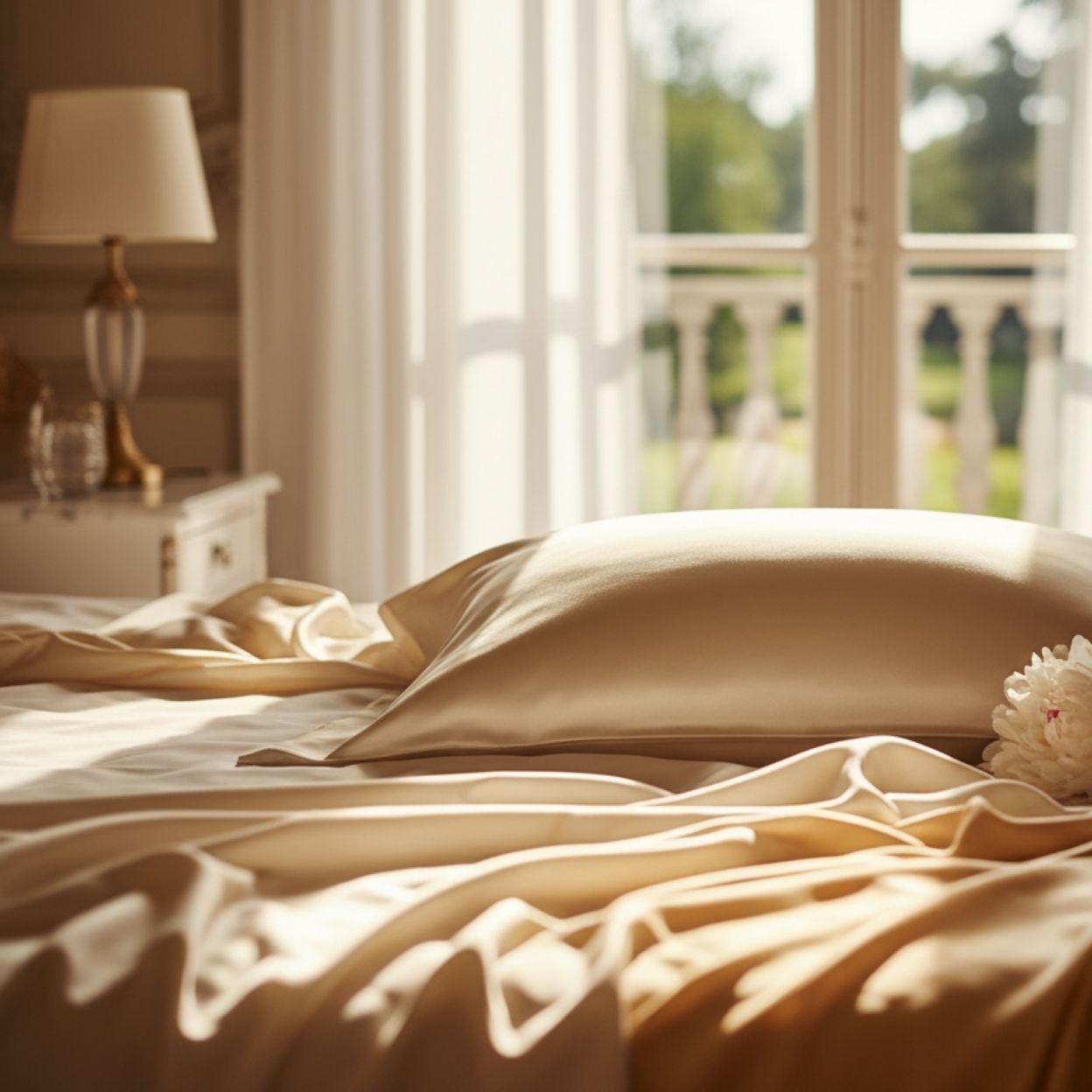 taie d'oreiller en soie beige dans chambre luxueuse
