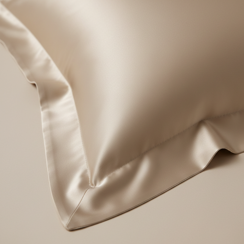 Détail de la texture d’une taie d’oreiller INJOXFORD en soie de mûrier 30 mommes champagne avec finition lisse et brillante