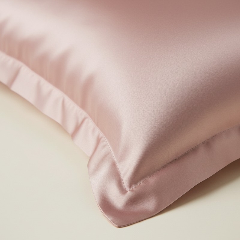 Détail de la texture d’une taie d’oreiller INJOXFORD en soie de mûrier 30 mommes rose avec finition lisse et brillante