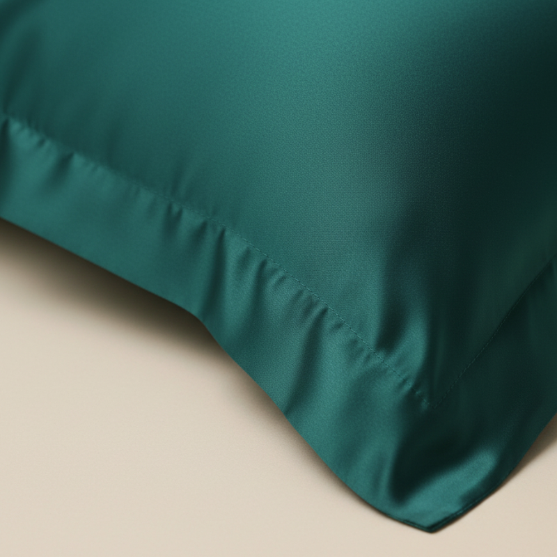 Détail de la texture d’une taie d’oreiller INJOXFORD en soie de mûrier 30 mommes verte avec finition lisse et brillante
