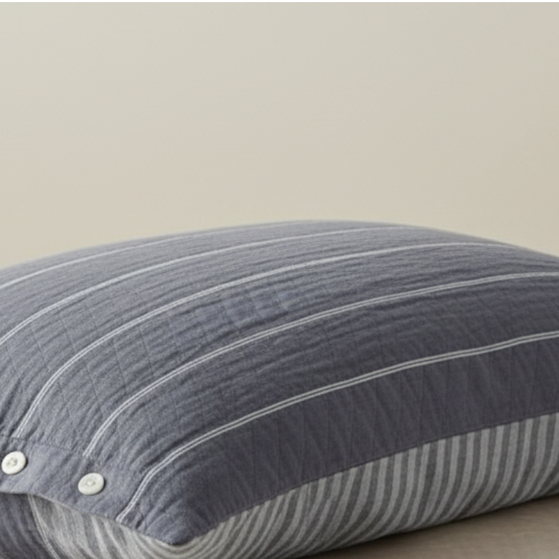 Détail de la texture d’une taie d’oreiller en gaze de coton à rayures grises avec aspect doux et gaufré