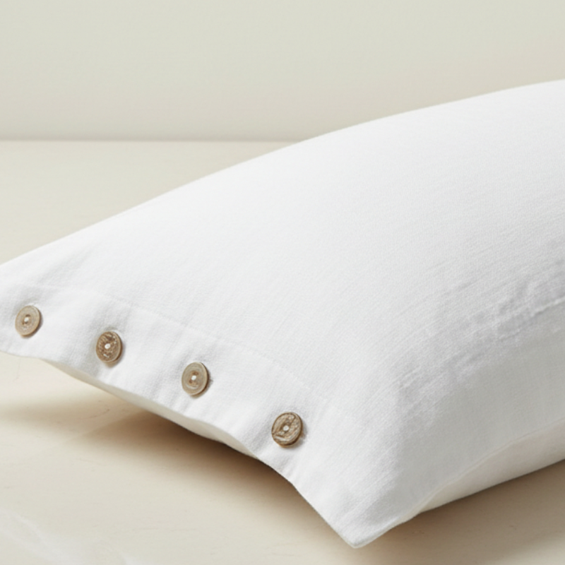 Détail de la texture d’une taie d’oreiller en lin blanc neige avec aspect naturel et légèrement texturé