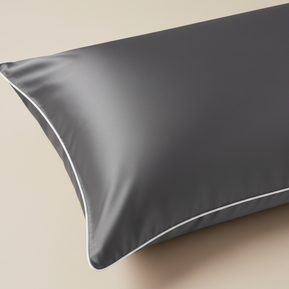 Détail de la texture d’une taie d’oreiller en soie de mûrier 19 momme gris foncé à bords blancs avec finition lisse