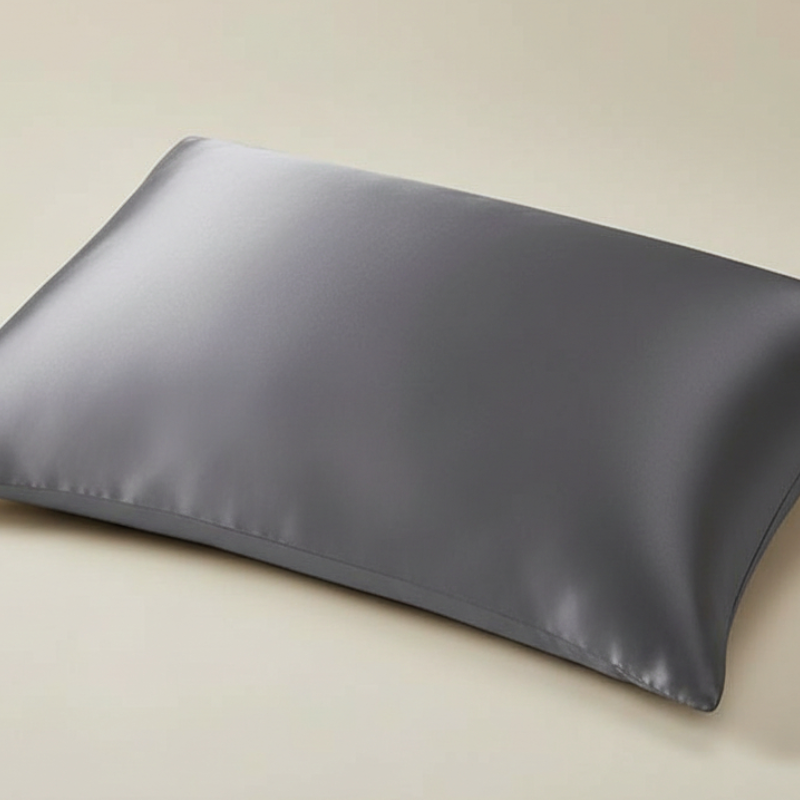 Détail de la texture d’une taie d’oreiller en soie de mûrier 22 mommes gris foncé avec finition lisse et brillante