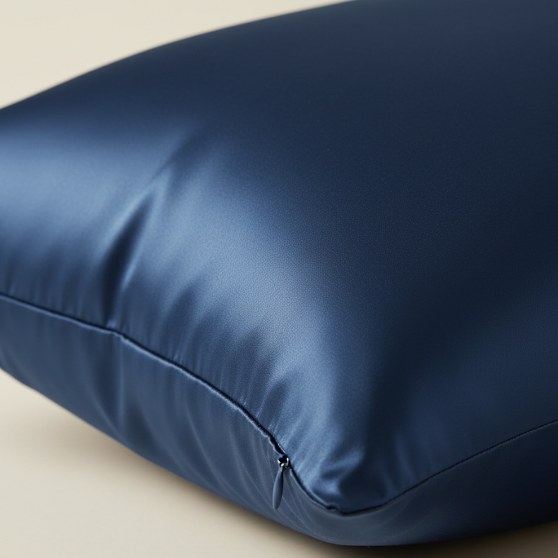 Détail de la texture et fermeture d’une taie d’oreiller en soie de mûrier 22 mommes bleu nuit avec finition lisse et brillante