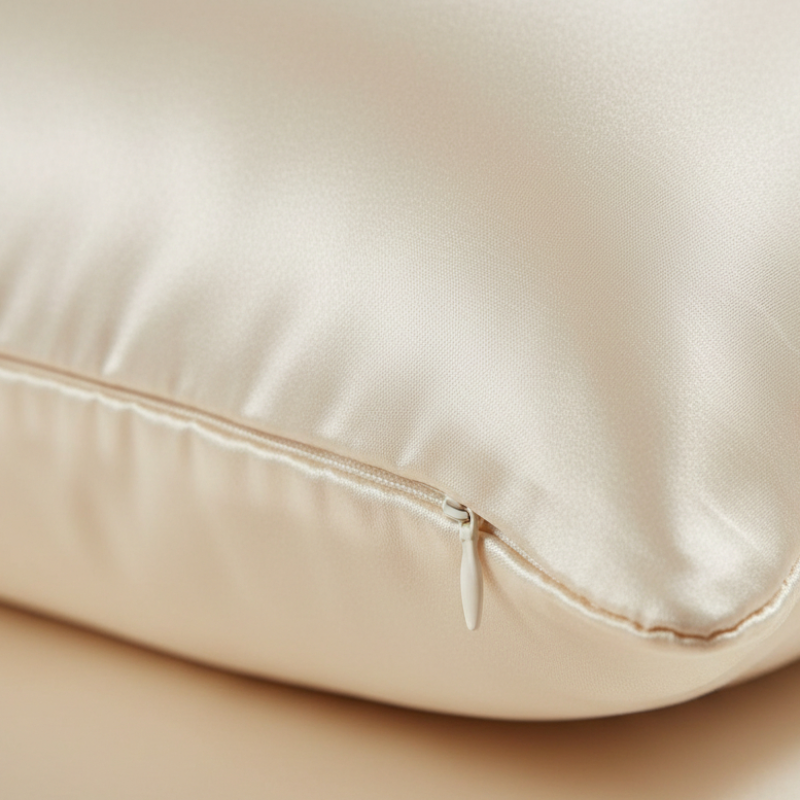 Détail de la texture et la fermeture d’une taie d’oreiller en soie de mûrier ivoire avec finition lisse et brillante