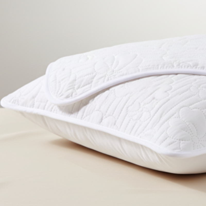 Détails finitions Taie d’oreiller imperméable blanche présentée seule sur fond clair