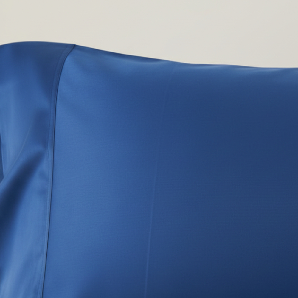 Détail de la texture d’une taie d’oreiller en fibre de bambou bleu marine, tissu fluide, respirant et délicatement satiné