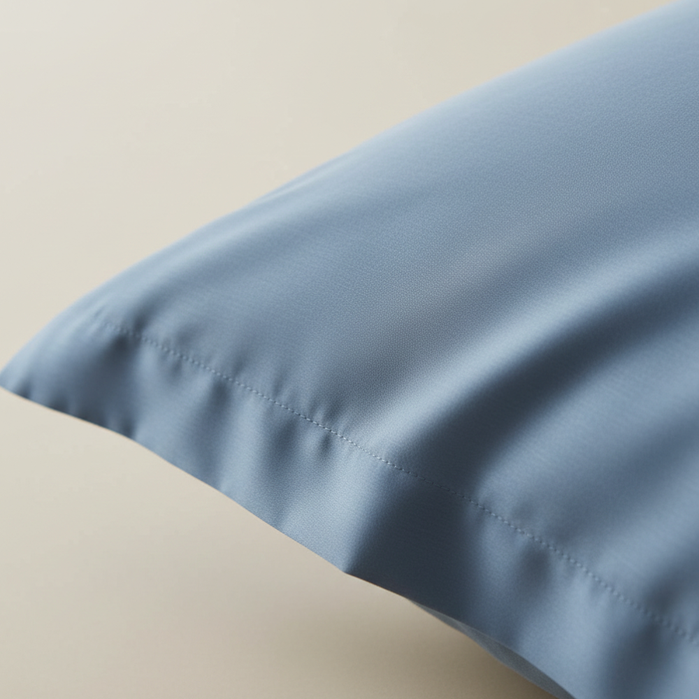 Détail de la texture d’une taie d’oreiller en fibre de bambou bleue, tissu fluide respirant et légèrement satiné