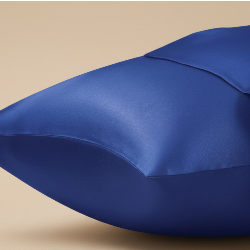 Détail de la texture d’une taie d’oreiller en satin bleu électrique avec finition lisse et brillante
