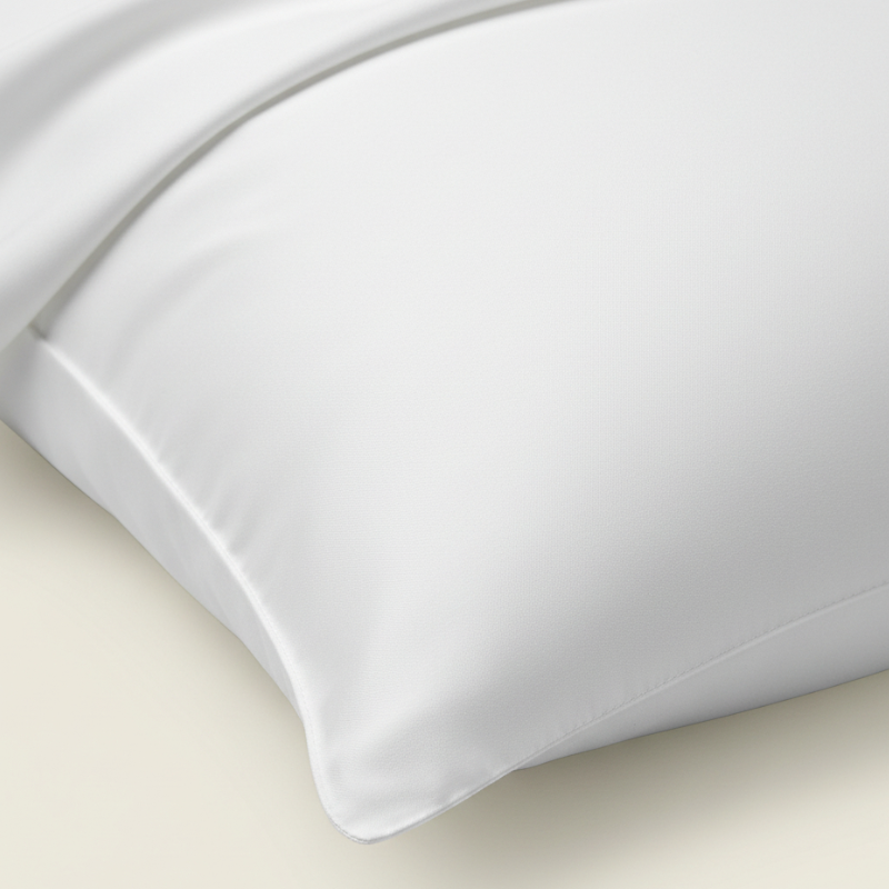 Détail de la texture d’une taie d’oreiller en satin de coton blanc avec finition lisse et brillante
