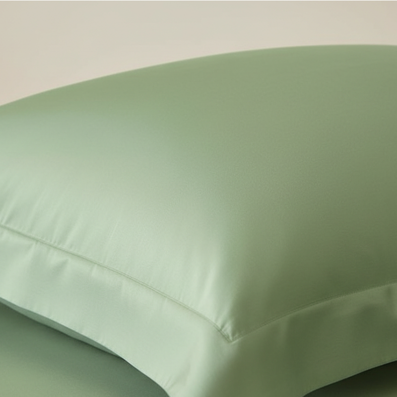 Détail de la texture d’une taie d’oreiller en satin de coton vert matcha avec finition lisse et brillante