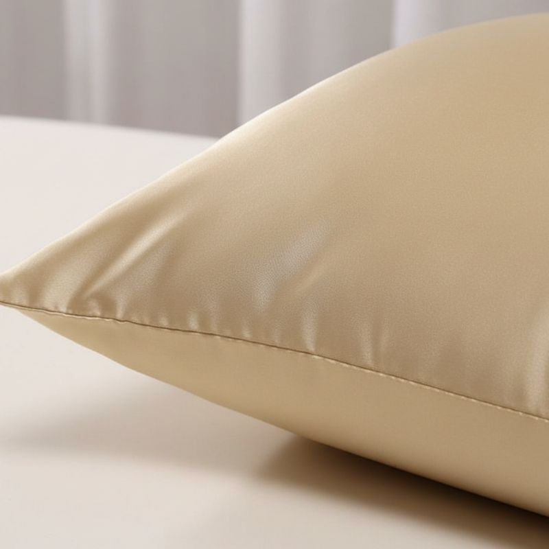 Détail de la texture d’une taie d’oreiller en satin de soie beige avec finition lisse et brillante
