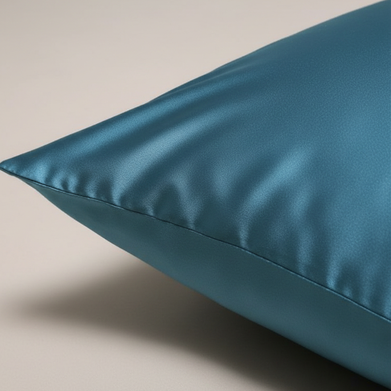 Détail de la texture d’une taie d’oreiller en satin de soie bleu avec finition lisse et brillante