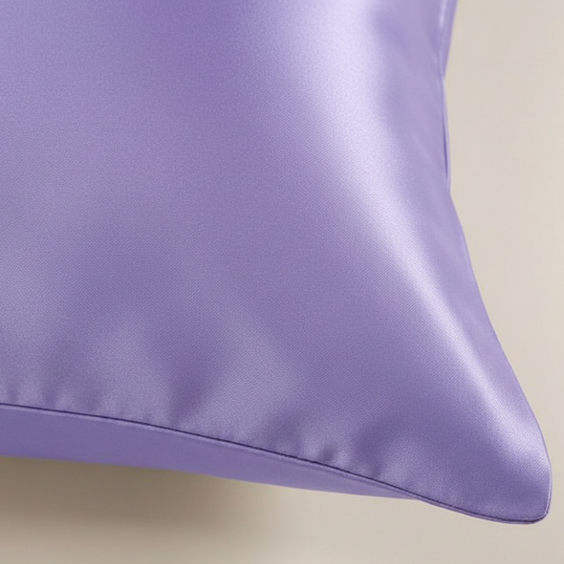 Détail de la texture d’une taie d’oreiller en satin de soie mauve satinée avec finition lisse et brillante