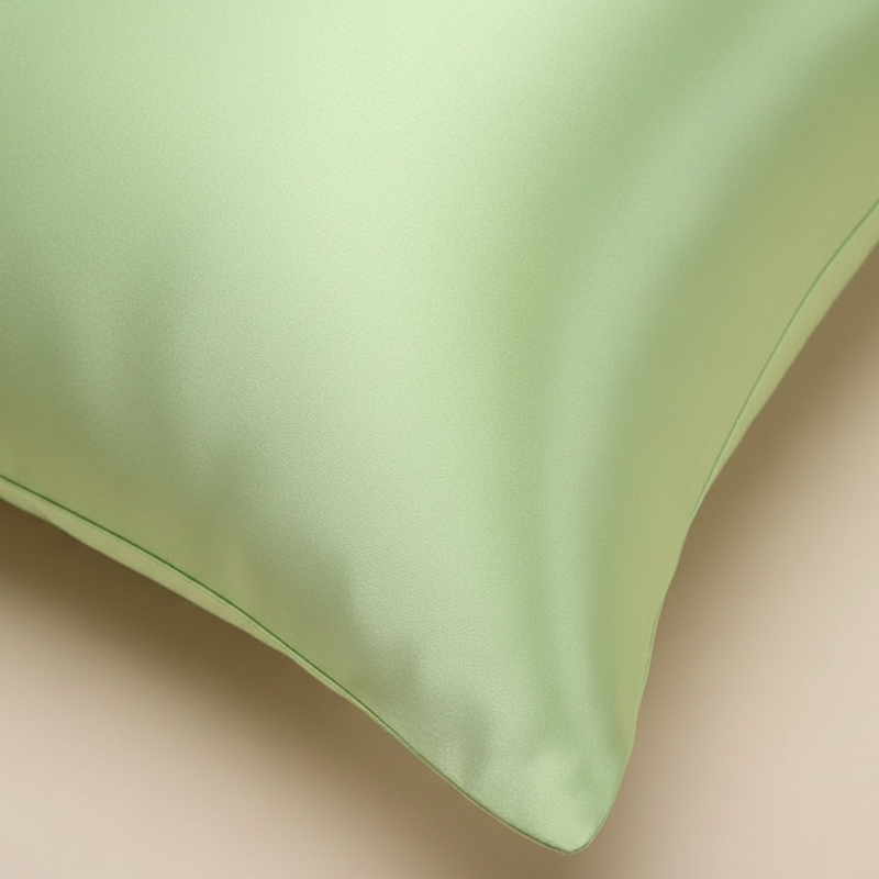 Détail de la texture d’une taie d’oreiller en satin de soie verte avec finition lisse et brillante