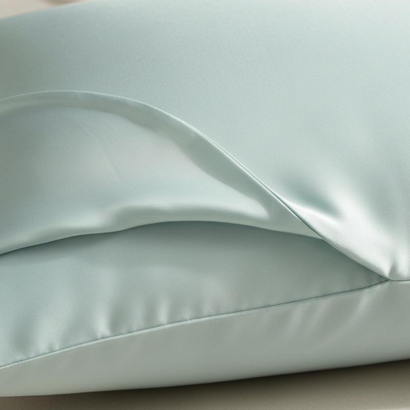 Détail de la texture d’une taie d’oreiller en soie bleu ciel avec finition lisse et brillante
