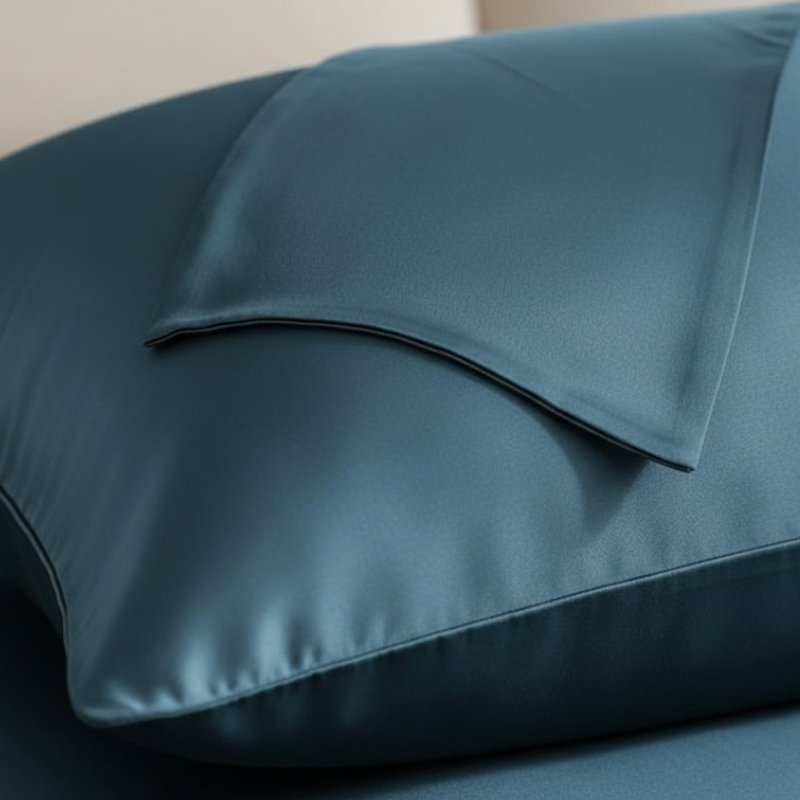 Détail de la texture d’une taie d’oreiller en soie bleu marine avec finition lisse et brillante