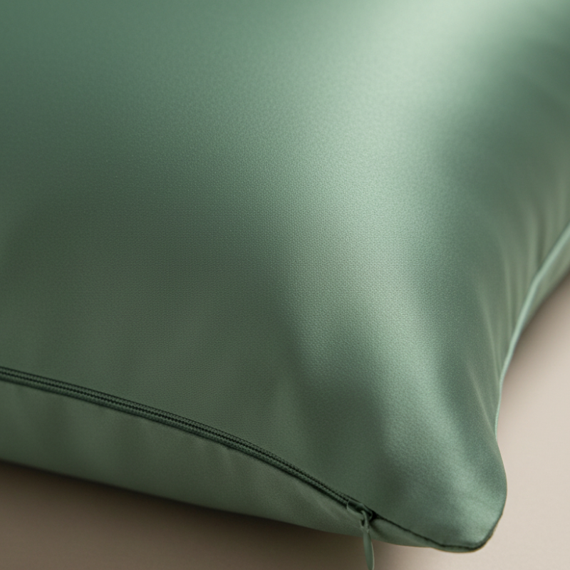 Détail de la texture et fermeture d’une taie d’oreiller en soie de mûrier 22 mommes verte avec finition lisse et brillante