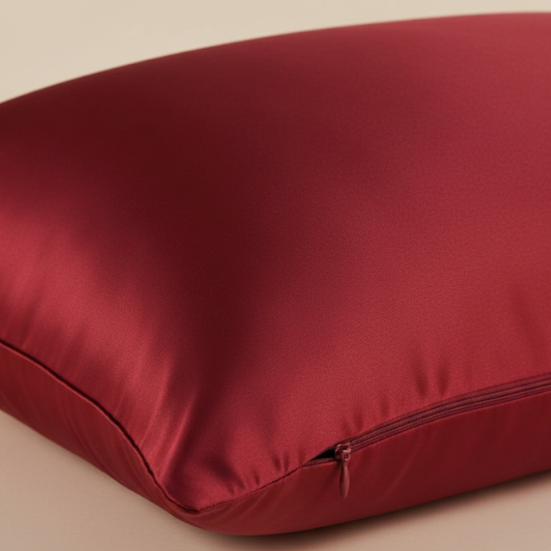 Détail de la texture d’une taie d’oreiller en soie de mûrier 25 mommes bordeaux avec finition lisse et brillante