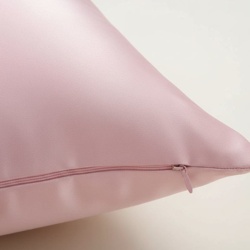 Détail de la texture d’une taie d’oreiller en soie de mûrier 25 mommes rose avec finition lisse et brillante
