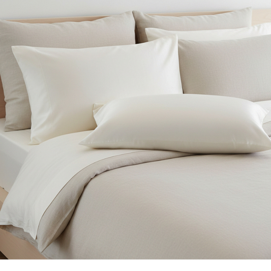 Taies d’oreiller en soie de mûrier ivoire posées sur un lit en bois clair avec linge de lit blanc cassé ambiance lumineuse et naturelle