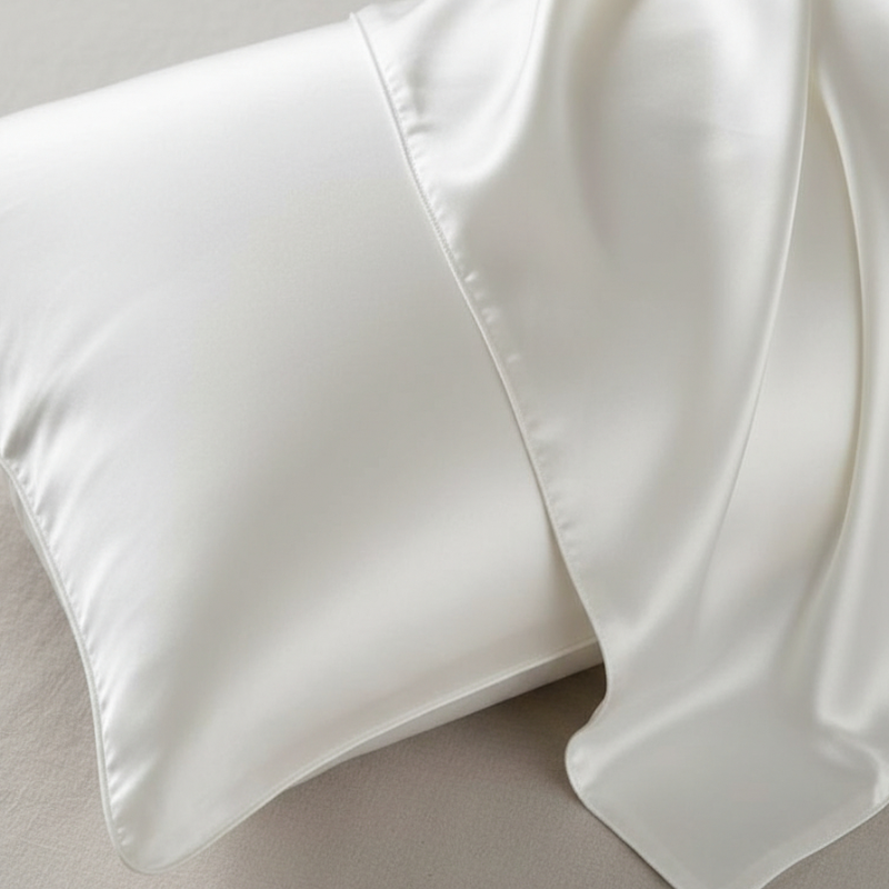 Détail de la texture d’une taie d’oreiller en soie de mûrier blanche avec finition lisse et brillante