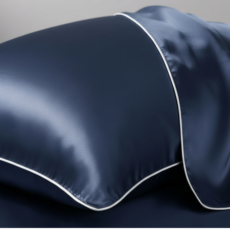 Détail de la texture d’une taie d’oreiller en soie de mûrier bleue avec finition lisse et brillante