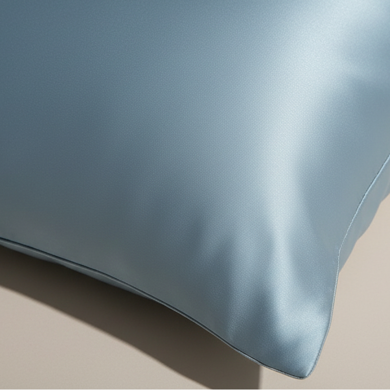 Détail de la texture d’une taie d’oreiller en soie de mûrier bleue avec finition lisse et brillante