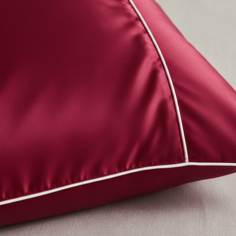 Détail de la texture d’une taie d’oreiller en soie de mûrier bordeaux avec finition lisse et brillante