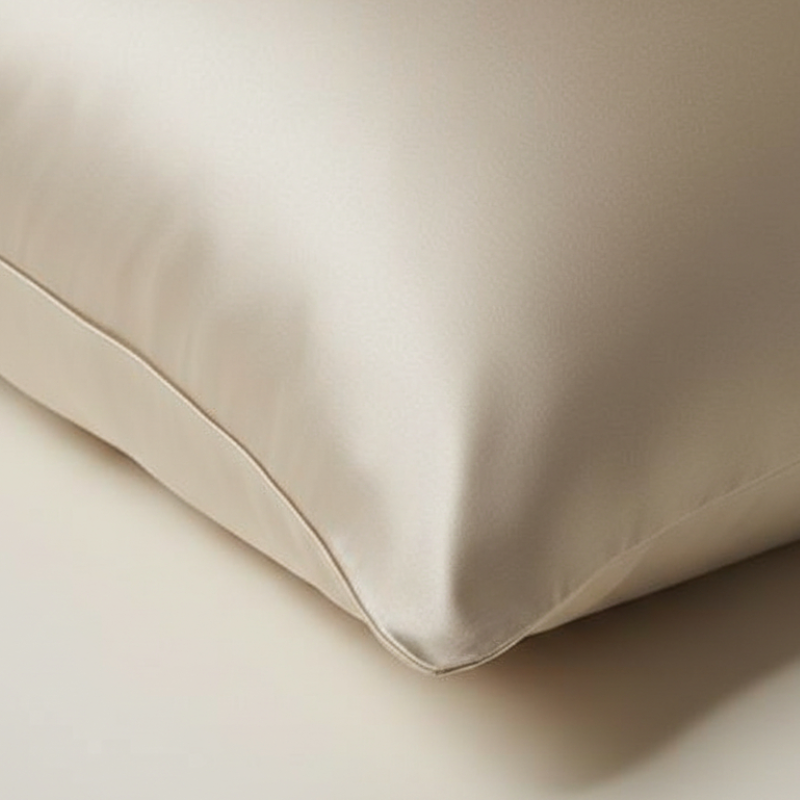 Détail de la texture d’une taie d’oreiller en soie de mûrier champagne avec finition lisse et brillante