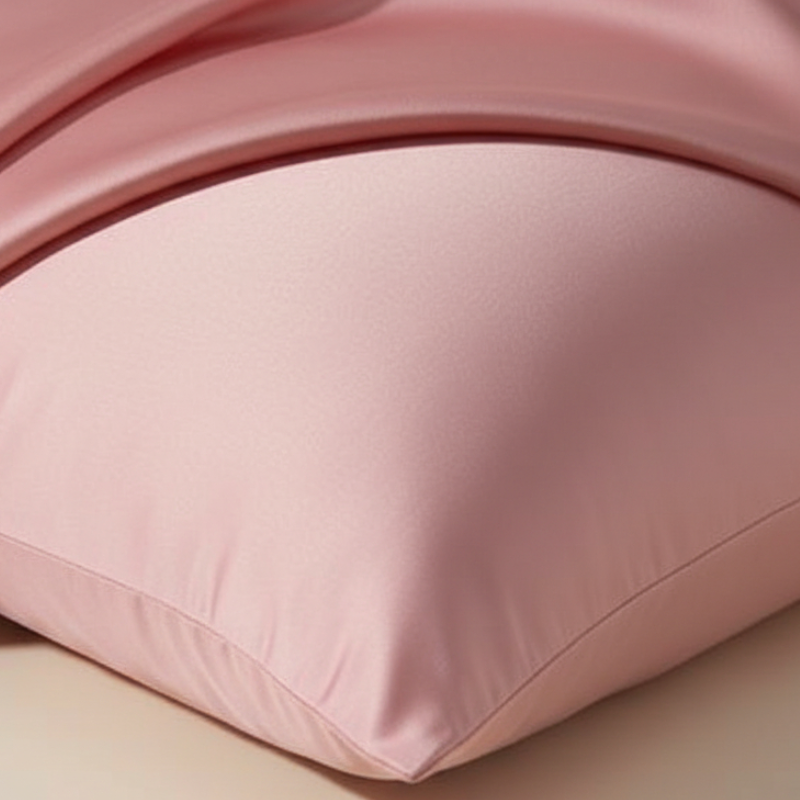 Détail de la texture d’une taie d’oreiller en soie de mûrier rose avec finition lisse et brillante