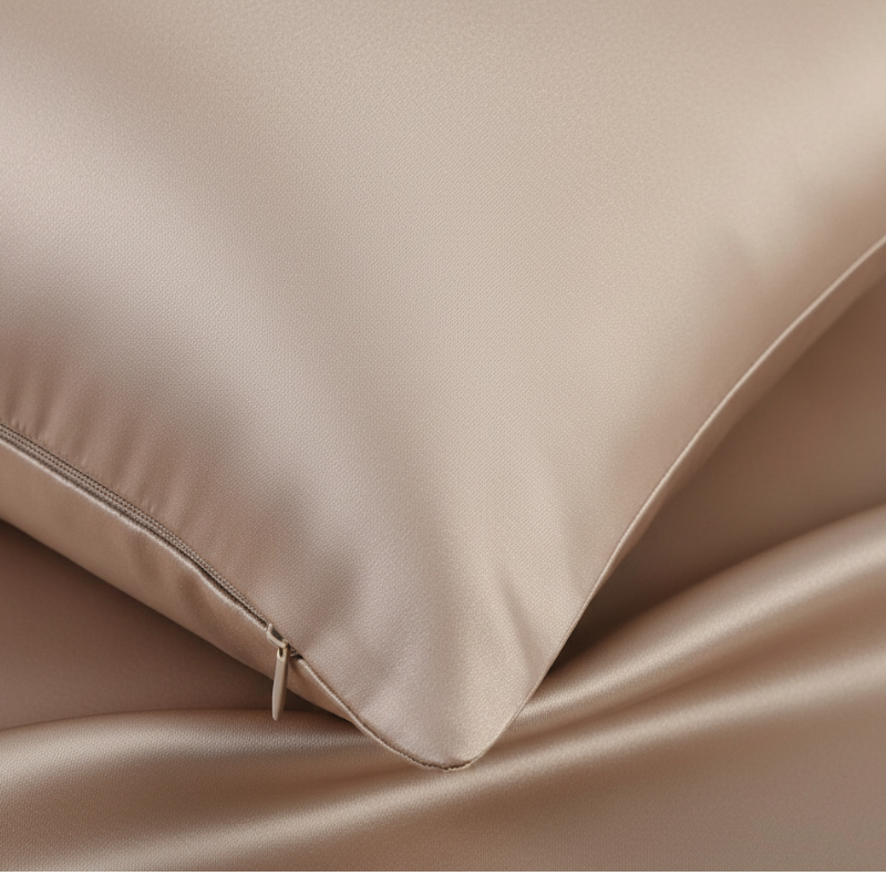 Détail de la texture d’une taie d’oreiller en soie de mûrier taupe avec finition lisse et brillante