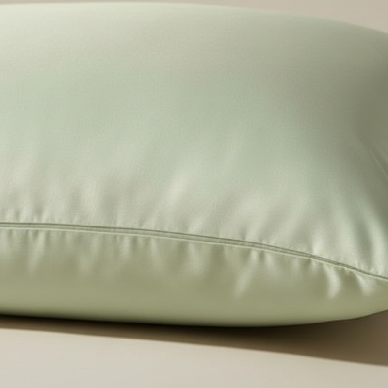 Détail de la texture d’une taie d’oreiller en soie de mûrier verte avec finition lisse et brillante