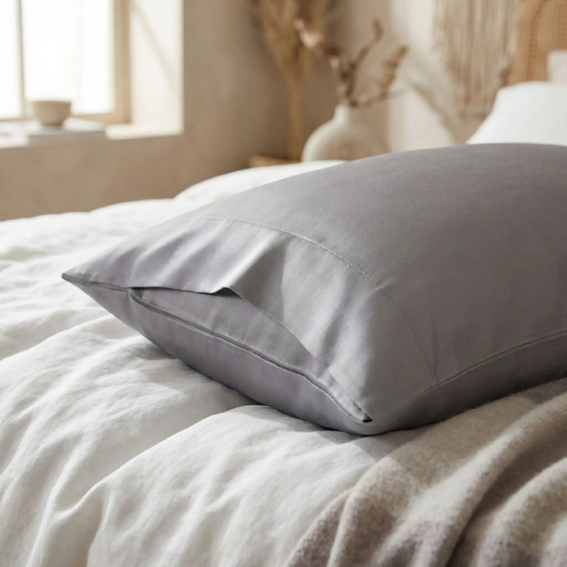 Détail de la texture d’une taie d’oreiller en soie grise avec finition lisse et brillante