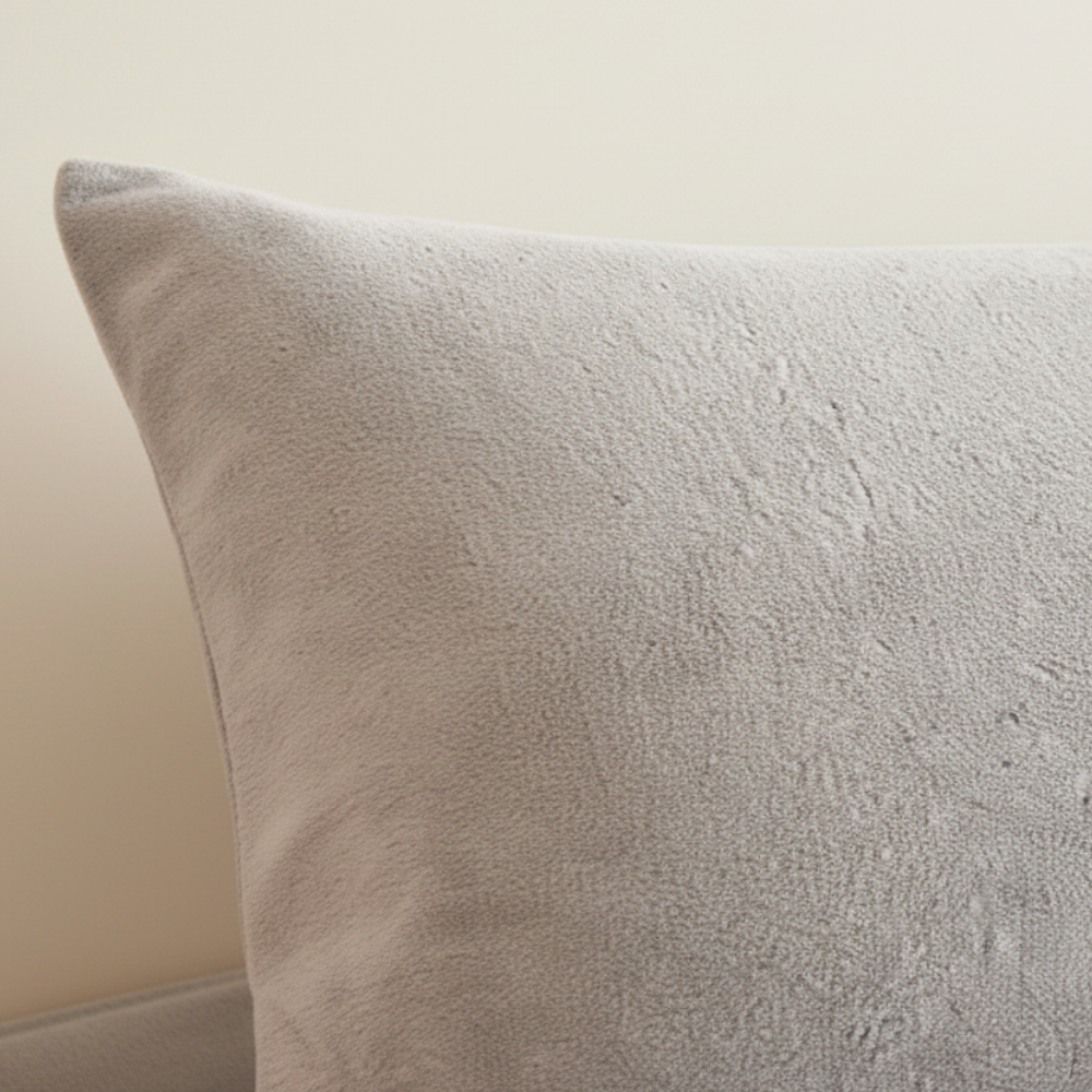 Détail de la texture d’une taie d’oreiller en velours gris clair, tissu doux, dense et délicatement lumineux