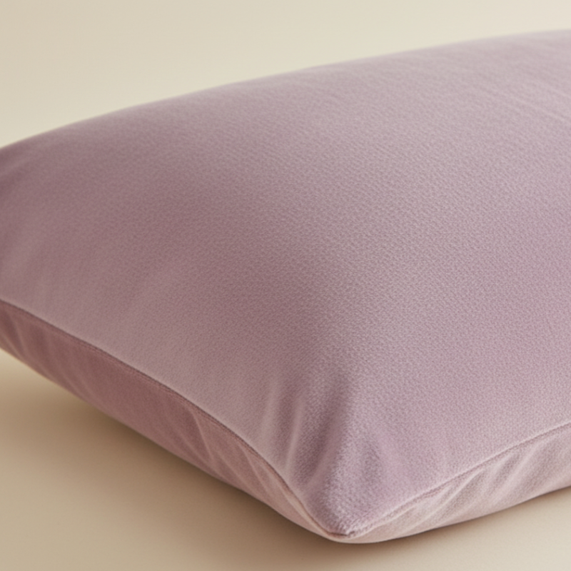 Détail de la texture d’une taie d’oreiller en velours mauve clair, tissu doux, dense et légèrement lumineux