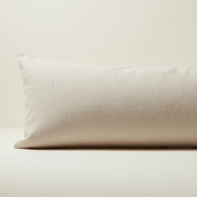 Détail de la texture d’une taie de traversin en lin beige avec aspect naturel et légèrement texturé