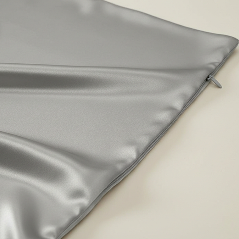 Détail de la texture d’une taie d’oreiller en soie de mûrier 22 mommes grise avec finition lisse et brillante