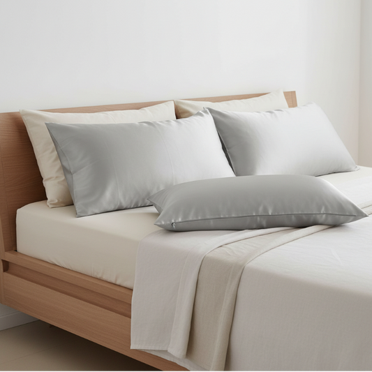 Taies d’oreiller en soie de mûrier 25 mommes grises posées sur un lit en bois clair avec linge de lit blanc cassé ambiance lumineuse et naturelle