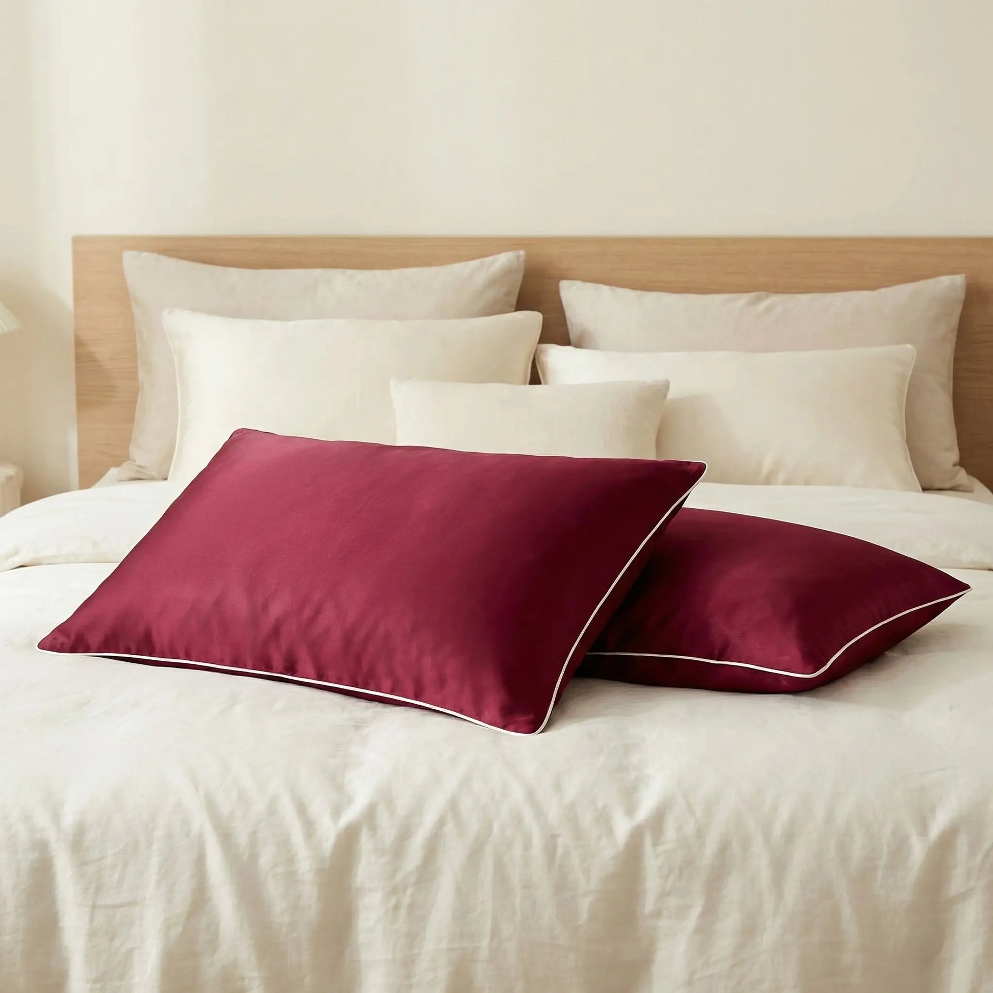 Deux Taies d’oreiller en soie de mûrier bordeaux présentée  sur lit