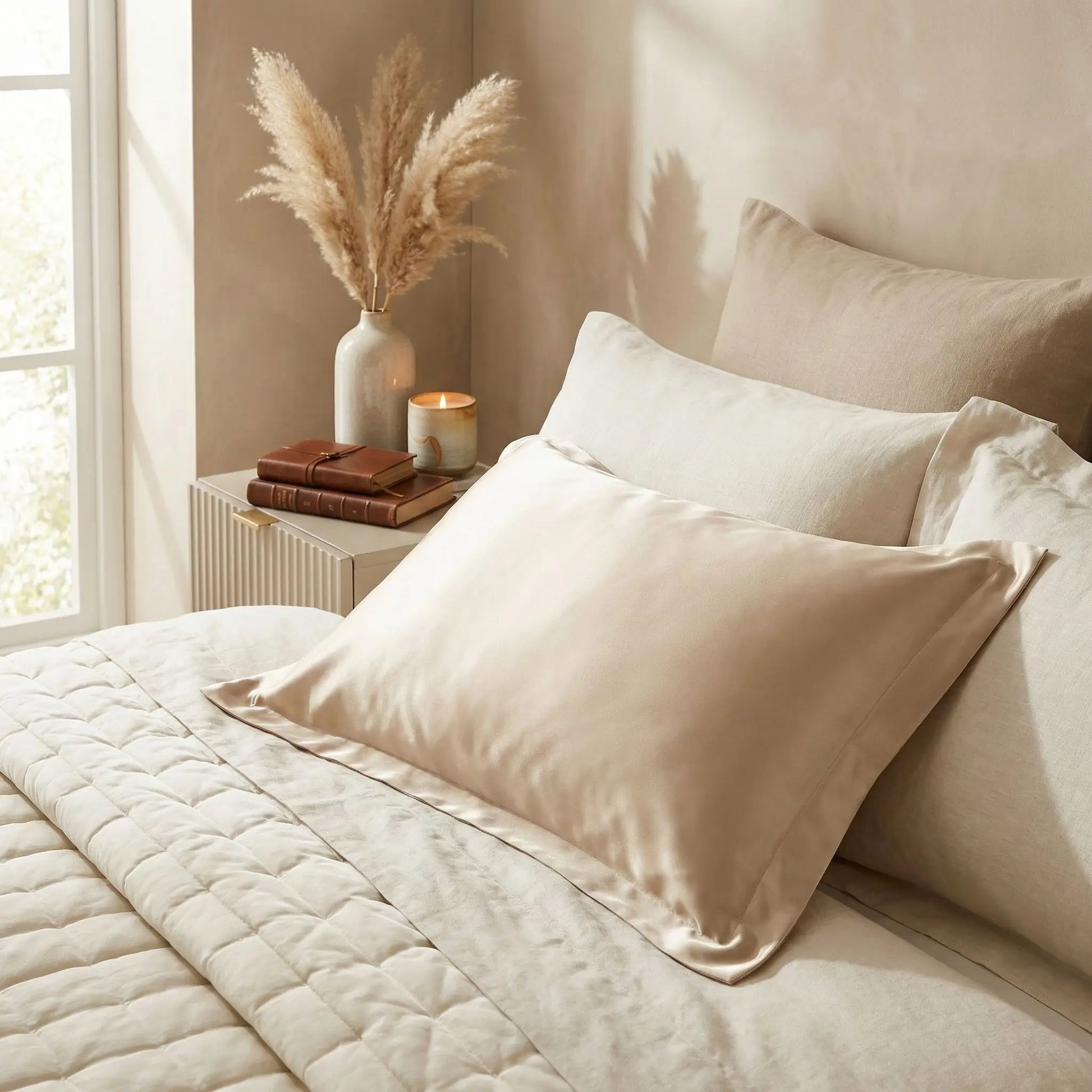 Taie d’oreiller INJOXFORD en soie de mûrier 30 mommes champagne présentée seule sur un lit