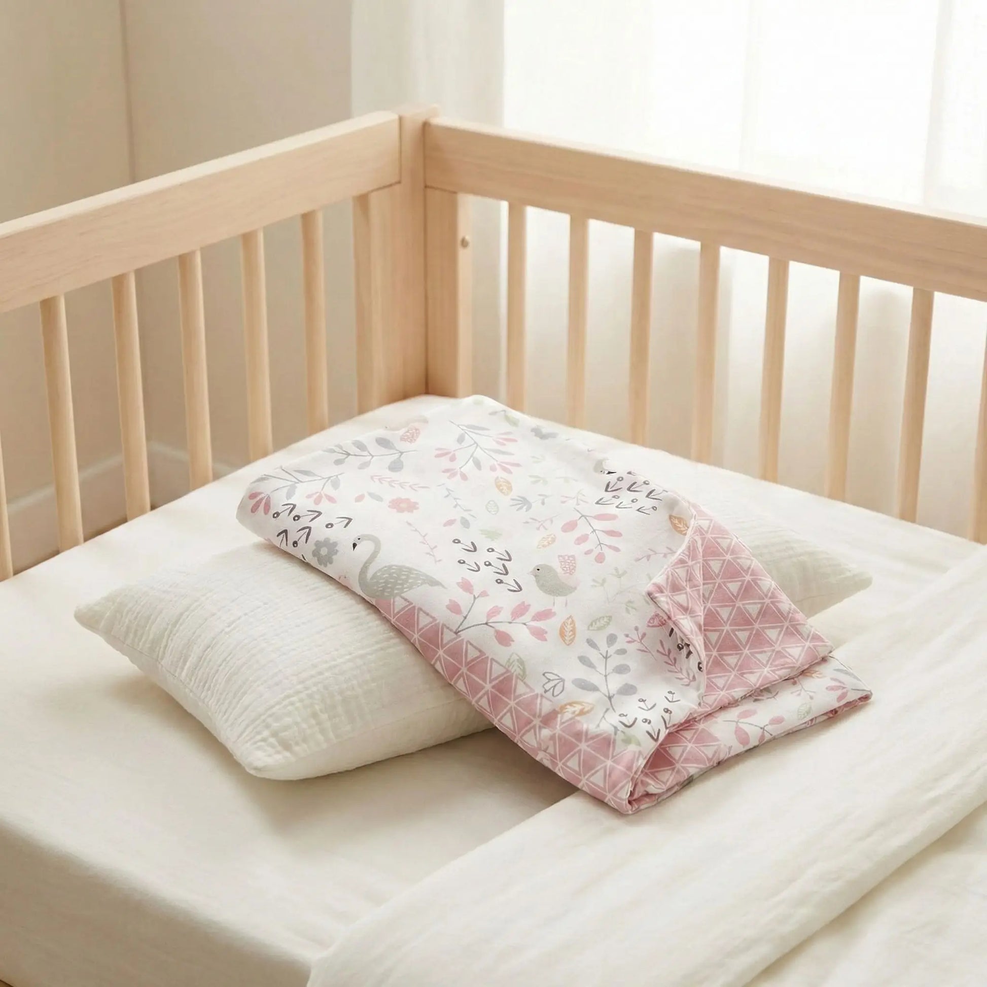 Taie d’oreiller bébé en coton à motif fleurs roses pliée sur oreiller neutre dans berceau