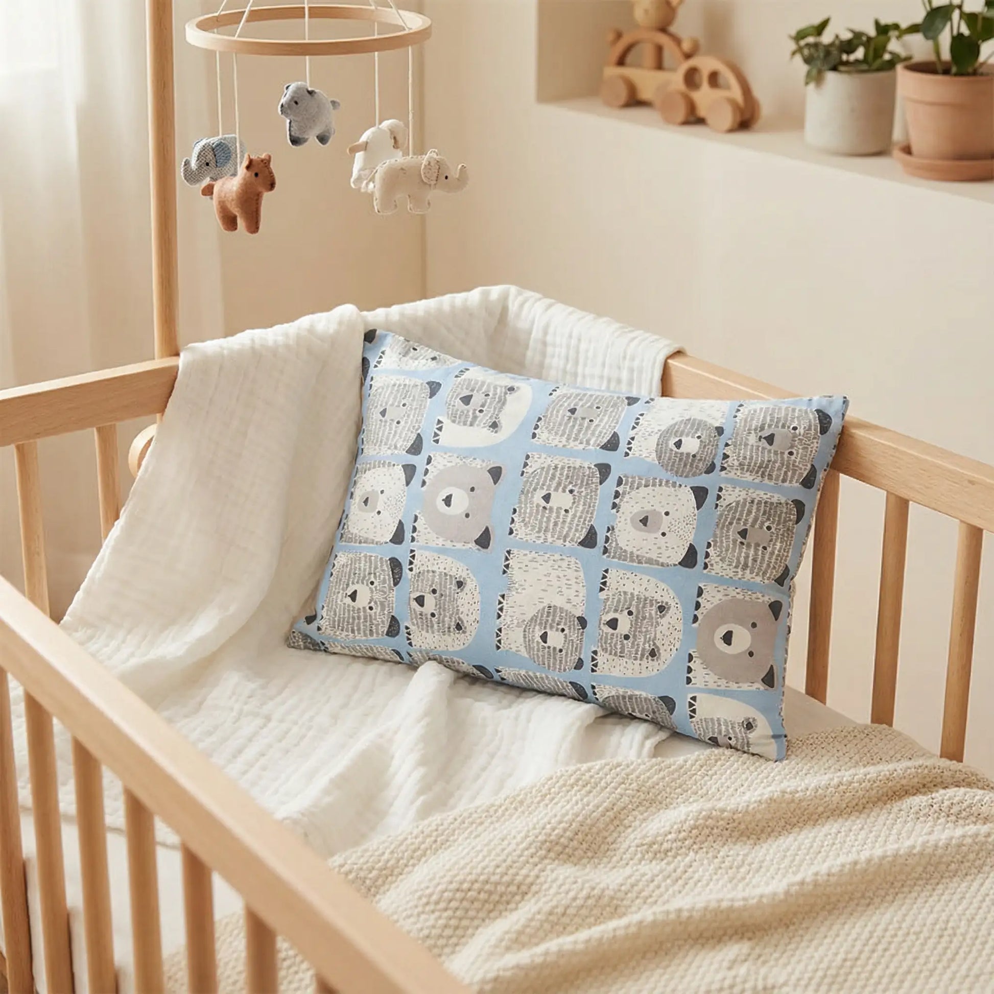 Taie d’oreiller bébé en coton à motif ours bleu présentée dans un berceau