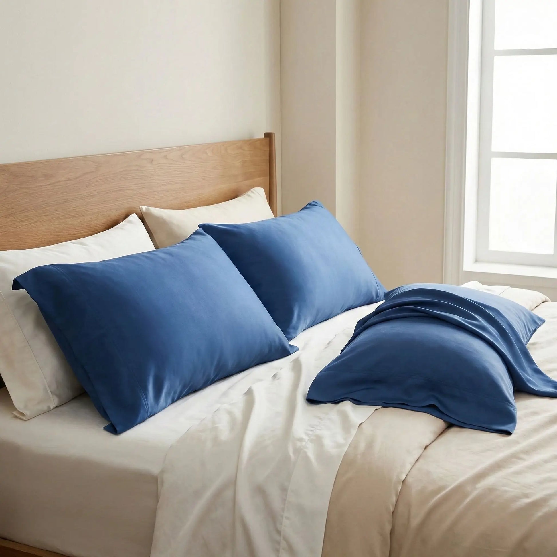 Taies d’oreiller bleu marine en fibre de bambou posée sur un lit en bois clair avec linge de lit blanc cassé ambiance élégante et apaisante