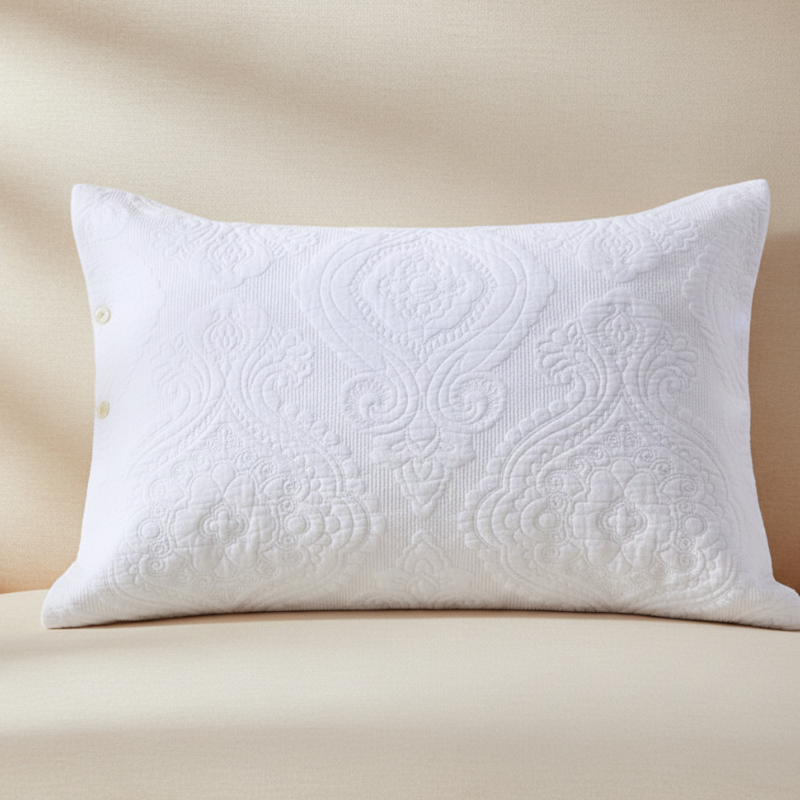 Taie d’oreiller en coton matelassé blanche présentée seule sur fond clair
