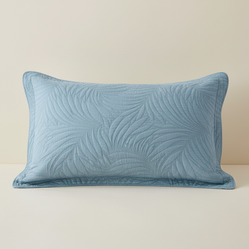 Taie d’oreiller en coton matelassé bleu brume présentée seule sur fond clair