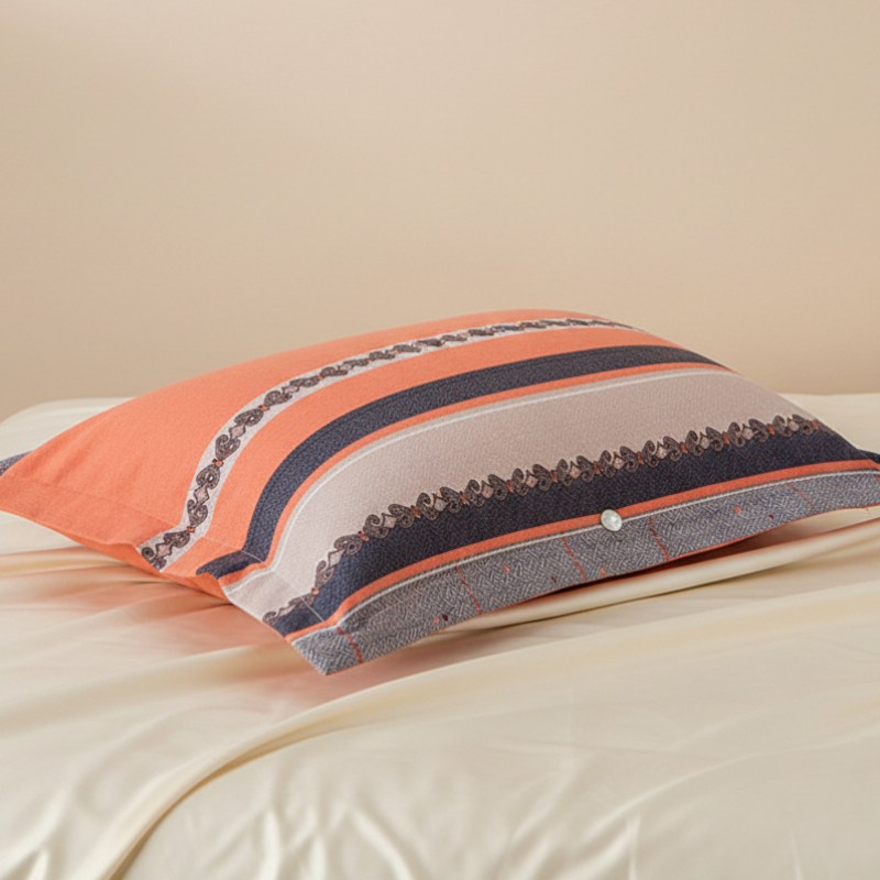 Taie d’oreiller en flanelle orange et gris présentée seule sur fond clair