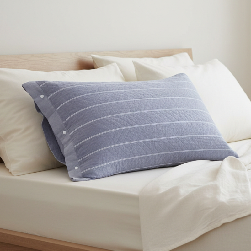 Taie d’oreiller en gaze de coton à rayures bleues présentée seule sur un lit