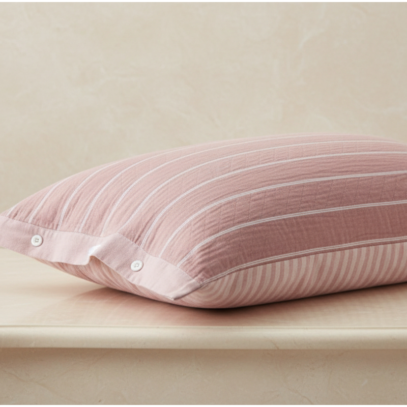 Taie d’oreiller en gaze de coton à rayures roses présentée seule sur fond clair